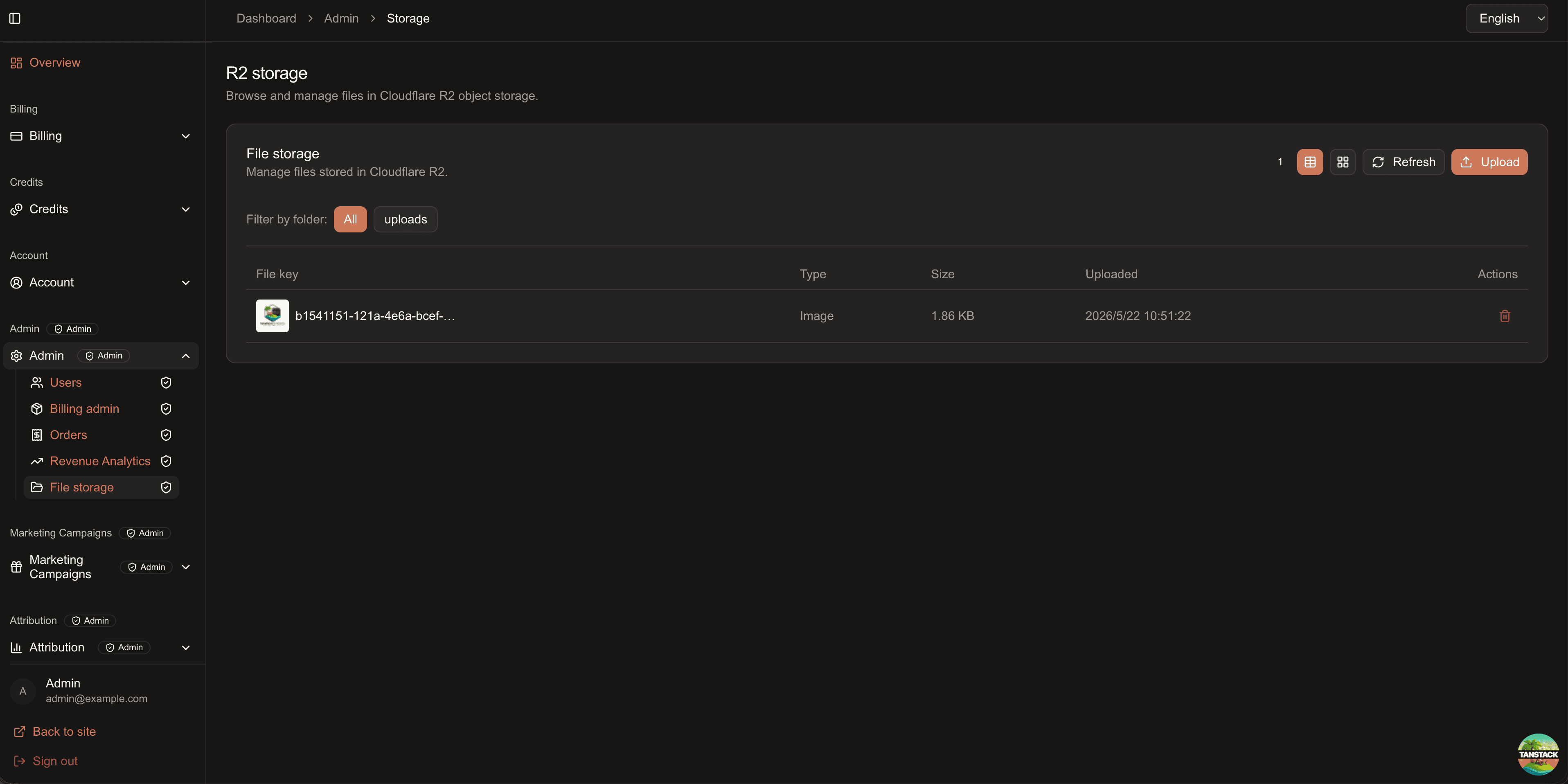 R2 file storage dashboard screenshot